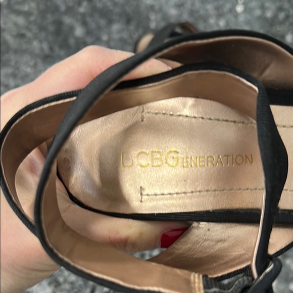 BCBGeneration Black and Natural Wedge Sandals with Ankle Strap - Picture 2 of 10